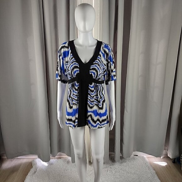 Nicole by Nicole Miller Tops - Nicole Miller Womens Patterned Kimono Sleeve Black Blue White Blouse Size M